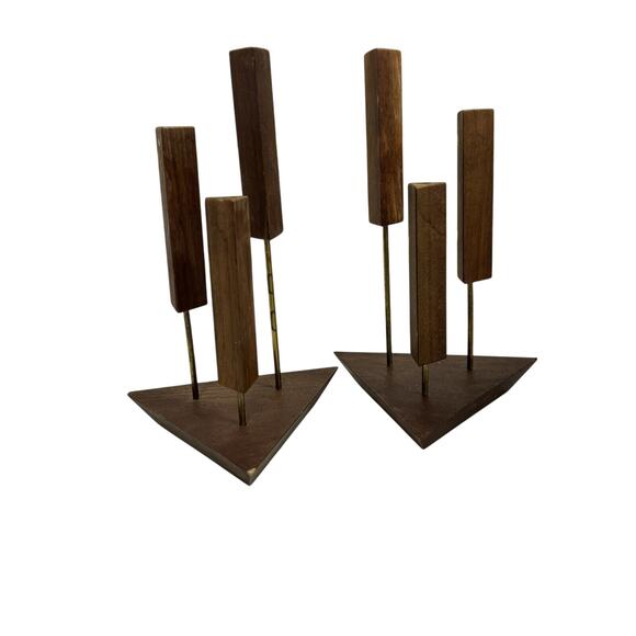 Pair 2 VTG Mid Century Modern MCM Danish Walnut Triangle Triple 3 Candle Holders